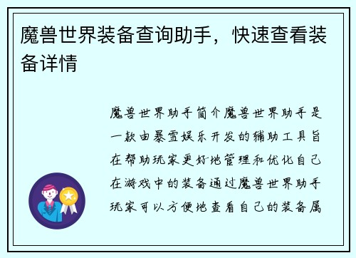 魔兽世界装备查询助手，快速查看装备详情